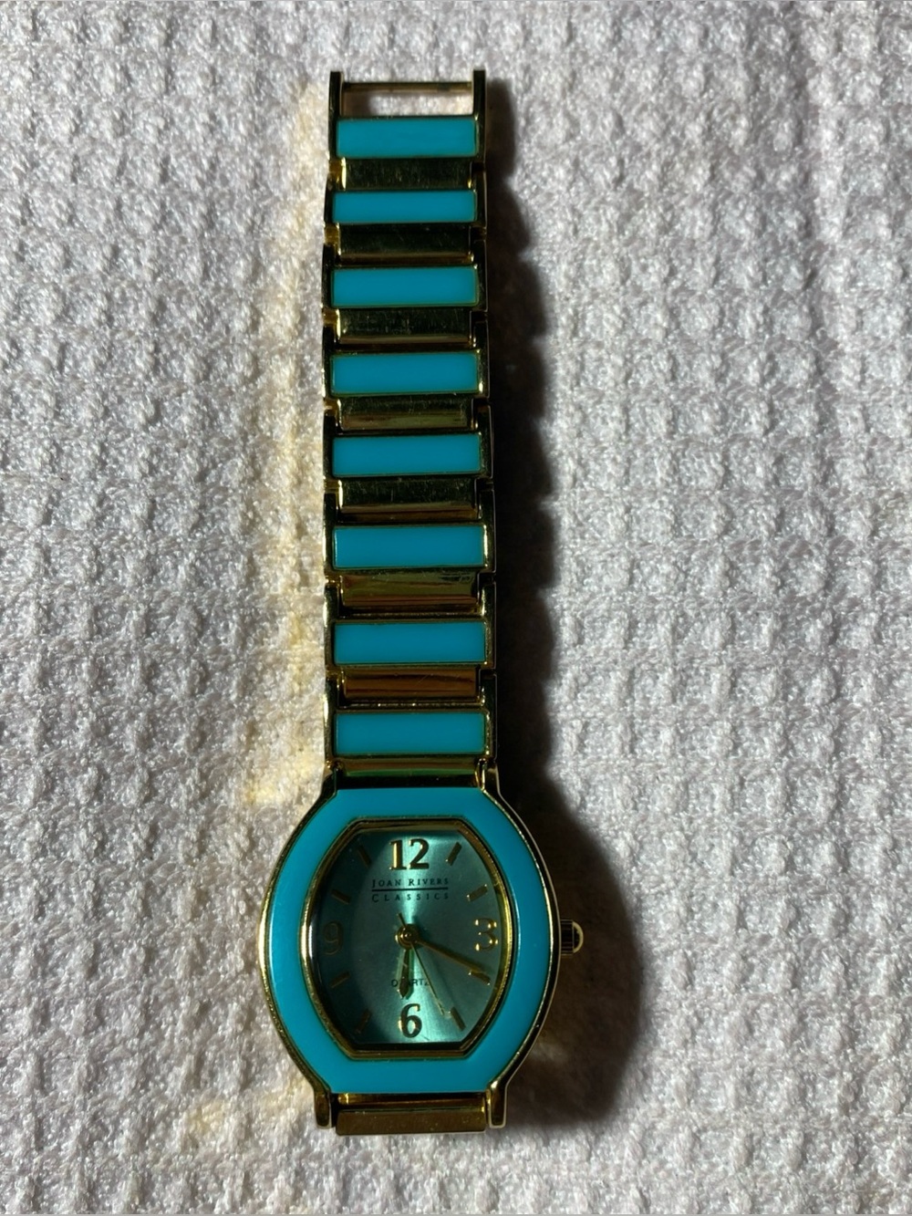 Joan Rivers Classics Turquoise Enamel Gold Tone Link Watch Barrel Face Runs!